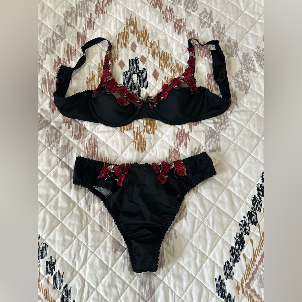 Bra and thong set. Embroidered Black and Red Floral. Size 34B.‎ NWOT